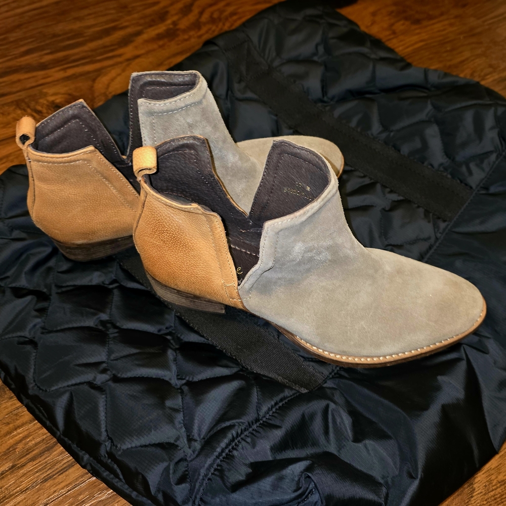 SOLD * Tan and Gray Heeled Boots with Western-Inspired Design